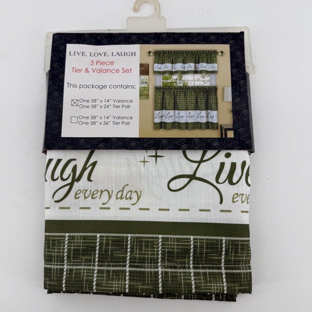 Achim Live Love Laugh 3 Piece Kitchen Curtain Tier & Valance Set Green Plaid 24"